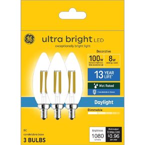 GE Ultra Bright LED Light Bulbs, 100W, Daylight Candle Lights, Clear Decorative B12 Light Bulbs (3 Pack)
