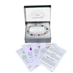 Doc Willard's Charged 8mm Amethyst, Fluorite, and Labradorite Peace of Mind Stretch Bracelet with Selenite Piece and 3 Informational Cards Metaphysical Healing Crystals Reiki