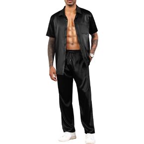 LecGee Men's Satin 2 Piece Outfits Lapel Short Sleeve Tracksuit Button Tops Jogger Pants Set With Pocket Prom Club Party