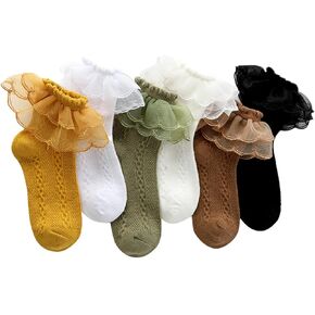 Girls Ruffle Lace Trim Cotton Socks Kids Girl Eyelet Frilly Comfortable Princess Style Dress Socks 6 Pairs