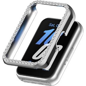Compatible with Samsung Galaxy Fit3 Bling Diamond Case PC Bumper Protective Cases,(No Screen Protector),Women Girls Crystal Shining Rhinestone Cases Smartwatch Accessories Case(Silver+Silver)