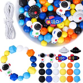 AnyDesign 96Pcs Outer Space Theme Silicone Beads Astronaut Rocket Spacecraft Shape Silicone Loose Bead 6 Colors Round Beads Spacer Beads for DIY Crafts Jewelry Necklaces Bracelets Keychain Making