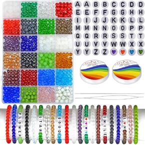 LPBeads 1100PCS 6mm Round Glass Beads and Alphabe Beads for Jewelry Making, 24 Colors Crystal Beads for Bracelets DIY Crafts with Stretch Beading Cord and Needles