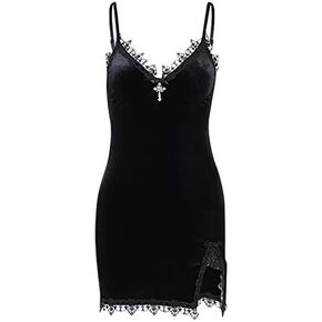 Womens Halter Dress Split Hem Dress V-Neck Velvet Dress Chest Pendant Dress Vintage Mini Dress