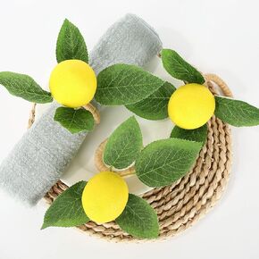 Whaline 15Pcs Lemon Napkin Rings Faux Lemon Napkin Holder Rustic Farmhouse Lemon Vine Leaf Napkin Rings Yellow Summer Fruit Serviette Buckles for Wedding Banquet Birthday Party Dinner Table Decor