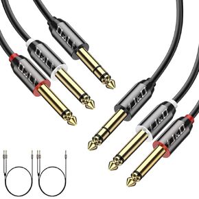 J&D 1/4 inch TRS Stereo Y Splitter Insert Cable, (2 Pack) Gold Plated Copper Shell 6.35mm 1/4 inch TRS Male to Dual 6.35mm 1/4 inch TS Male Mono Breakout Cable, Audio Cord, 3 Feet