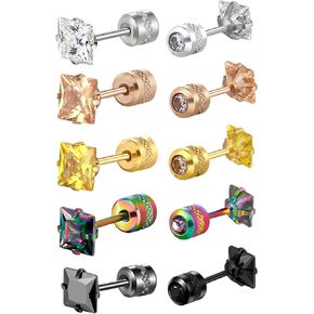 5 Pairs Titanium Stud Earrings Set for Women Men, Stainless Steel Earrings Stud Screw Back Earrings Multicolor Cubic Zirconia Surgical Steel Hypoallergenic Stud Earrings