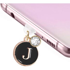 ELISE & FONDA TP36 New Type-C USB Charging Port Anti Dust Plug Round Letter J Pendant Cell Phone Charm for Samsung/Huawei/OnePlus/Xiaomi/Oppo New Android Phones(Black)