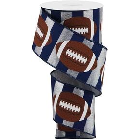 Football Striped Wired Ribbon - 10 Yards (Silver, Navy Blue, 2.5 Inches)