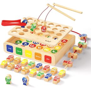 Boby Magnetic Wooden Fishing Game 7-in-1 Toy for Toddlers 1-3-5, Lets Go Fishing Educational Games for Kids, Preschool Montessori Learning Alphabet, Lacing Beads, Color Shape Sorter Counting Toys 2-4