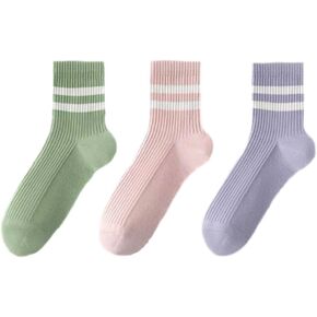 Womens 3 Pairs Solid Color Two Stripe Crew Socks Casual Athletic Socks for Women