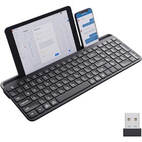 لوحة مفاتيح لاسلكية HUO JI متعددة الأجهزة، بلوتوث ووضع مزدوج 2.4 جيجا لجهاز iPad، قم بالتبديل إلى 3 أجهزة للهاتف المحمول والكمبيوتر اللوحي والكمبيوتر الشخصي والتلفزيون الذكي وMacBook iOS Android Windows، أسود