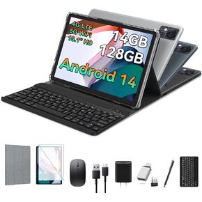 Android 14 Tablet 10.1 Inch Incell Large Screen, 2024 Newest 4G Cellular Tablet with Keyboard 14GB RAM(8+6 Virtual)+128GB ROM+1TB, 2 in 1 Octa-Core Tablet 5G WIFI 8000mAh Battery, Bluetooth/Mouse/Case