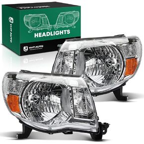 YHTAUTO Set of 2 Headlights Assembly Replacement for 2005-2011 Toyota Tacoma Driver & Passenger Side Head lights lamps, Headllight Clear Lens Chrome Housing Micro-prism Reflector Headlamps
