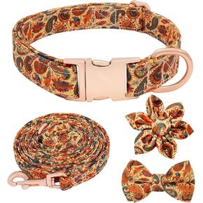 Dog Collar and Leash Set with Bow Tie, Cute Dog Collar Girl with Flower, Padded Handle Dog Leash, Quick Release Buckle Dog Collar for Small Medium Large Breed Dogs, Pineapple, S