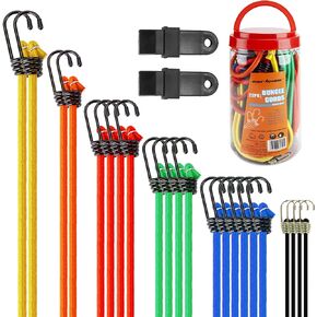Cartman 22pcs Bungee Cord Assortment with Metal Hook in Jar, Includes 10", 18", 20", 24", 30", 40" Bungie Cord Bundle, with 2pcs Tarp Clips