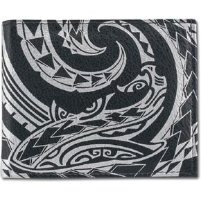 Polynesian Tattoo Bifold Wallet for Men Genuine Leather, Mano" Shark Tattoo art by Kuaika Quenga (Black) from NAKOA