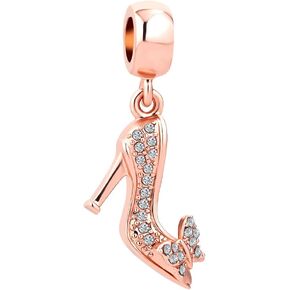 Womens Rose Gold Plated Sparkling High Heel Shoe with Boeknot Charms for Bracelets Dangle Charm Bead Compatible with Pandora Bracelets