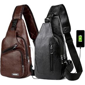 Peicees Pack of 2 Leather Sling Bag Mens Crossbody Bag Chest Bag Sling Backpack for Men with USB Charge Port, Classic Dark Brown & Vertical Zipper Black