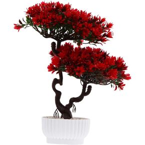 DOITOOL Artificial Potted Plant Fake Guest-Greeting Pine Bonsai Tree Ornament for Desktop Display Home Office Indoor Decor (Red)