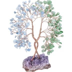 mookaitedecor Natural Rose Quartz & Aquamarine Crystal Tree with Amethyst Cluster Base, Money Tree of Life Ornament for Feng Shui Desk Decoration in Saudi Arabia