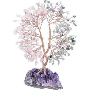 mookaitedecor Natural Rose Quartz & Aquamarine Crystal Tree with Amethyst Cluster Base, Money Tree of Life Ornament for Feng Shui Desk Decoration