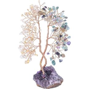 mookaitedecor Natural Rose Quartz & Aquamarine Crystal Tree with Amethyst Cluster Base, Money Tree of Life Ornament for Feng Shui Desk Decoration