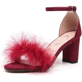 JOEupin Women's Ankle Strap Fluffy Feather Ankle Strap Block Heels Sandals Party Evening High Heel Pump Shoes 2.75"