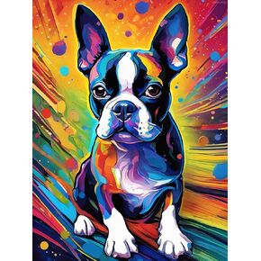 UPABLUNSO Colorful Animals Adult Beginner Diamond Painting Kit, Happy Boston Terrier Diamond Art Kit, DIY Dog Full Round Diamond Gemstone Art for Bathroom Living Room Wall Decoration 12x16inch