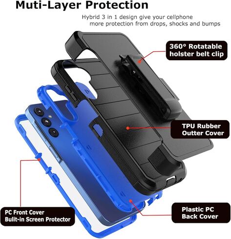 Takfox Galaxy A15 5G Case, for Samsung A15 5G Belt Clip Holster Phone Case with [Built-in Screen Protector] Kickstand Protective Rugged Heavy Duty Shockproof Dustproof Durable Cover-Black/Blue in Kuwait