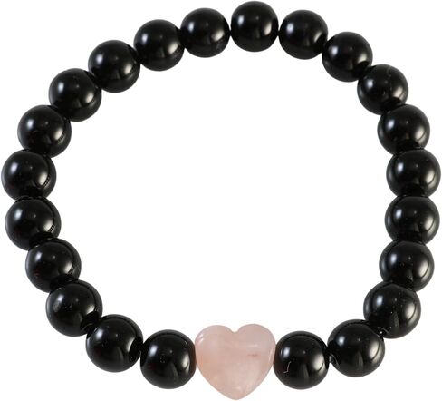 Black Onyx Beads with Natural Pink Rose Quartz Heart Charm Handmade Stretch Bracelet 7 inches in Saudi Arabia