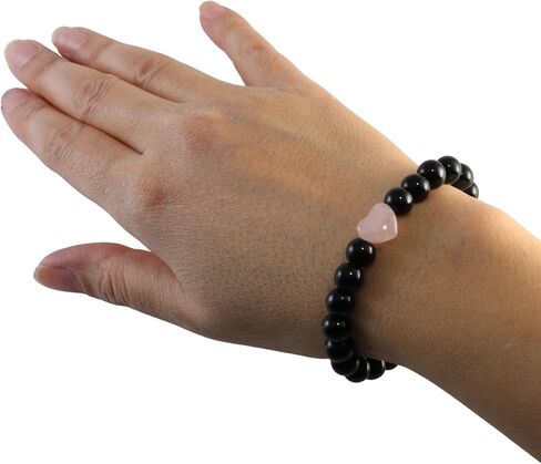 Black Onyx Beads with Natural Pink Rose Quartz Heart Charm Handmade Stretch Bracelet 7 inches in Saudi Arabia