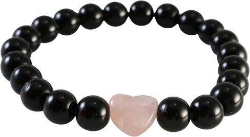 Black Onyx Beads with Natural Pink Rose Quartz Heart Charm Handmade Stretch Bracelet 7 inches in Saudi Arabia