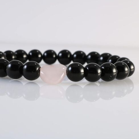 Black Onyx Beads with Natural Pink Rose Quartz Heart Charm Handmade Stretch Bracelet 7 inches in Saudi Arabia