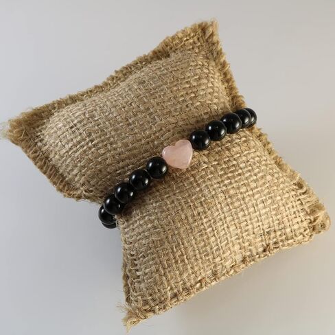 Black Onyx Beads with Natural Pink Rose Quartz Heart Charm Handmade Stretch Bracelet 7 inches in Saudi Arabia