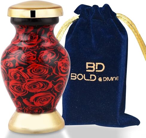 جريئة وإلهية وردة حمراء جميلة صغيرة تذكار لرماد الإنسان والحيوانات الأليفة | مع حقيبة مخملية وقمع - كمية واحدة in Kuwait