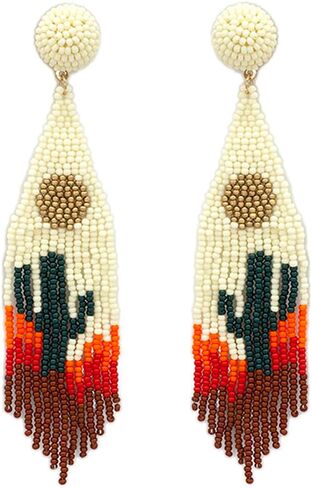 Beaded Western Tassel Post Earrings Handmade Navajo Earrings Rodeo Cactus in Saudi Arabia