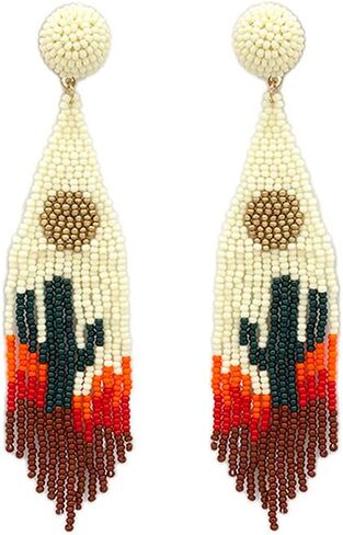 Beaded Western Tassel Post Earrings Handmade Navajo Earrings Rodeo Cactus in Saudi Arabia