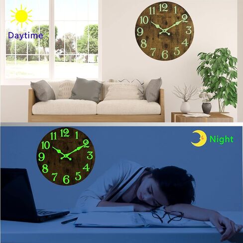 Luminous Wall Clock, Silent Non-Ticking 12'' Night Light Wall Clocks Battery Operated, Country Style Wooden Illuminated Wall Clock Decorative for Kitchen, Home, Bedrooms, Office (Black) in Saudi Arabia