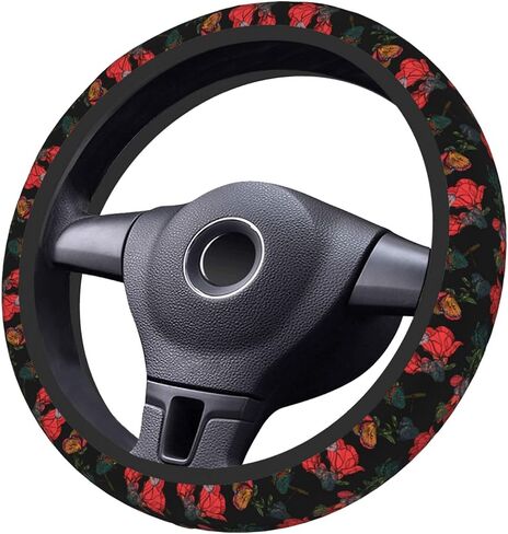 Car Steering Wheel Cover,Red Flowers and Butterflies Universal 15 Inch Steering Wheel Protector Non-Slip Durable Car Accessories for Men Women in Kuwait