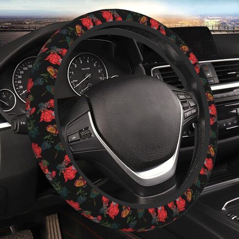 Car Steering Wheel Cover,Red Flowers and Butterflies Universal 15 Inch Steering Wheel Protector Non-Slip Durable Car Accessories for Men Women in Kuwait