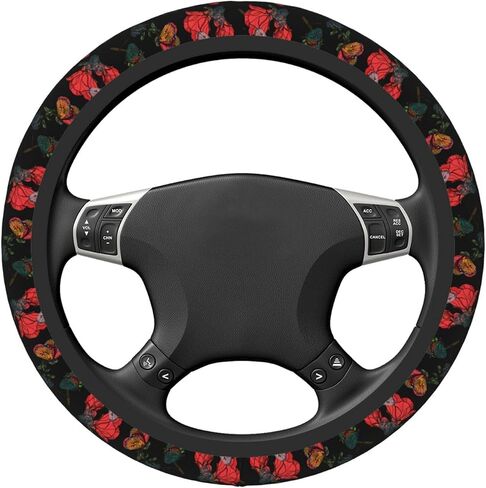Car Steering Wheel Cover,Red Flowers and Butterflies Universal 15 Inch Steering Wheel Protector Non-Slip Durable Car Accessories for Men Women in Kuwait
