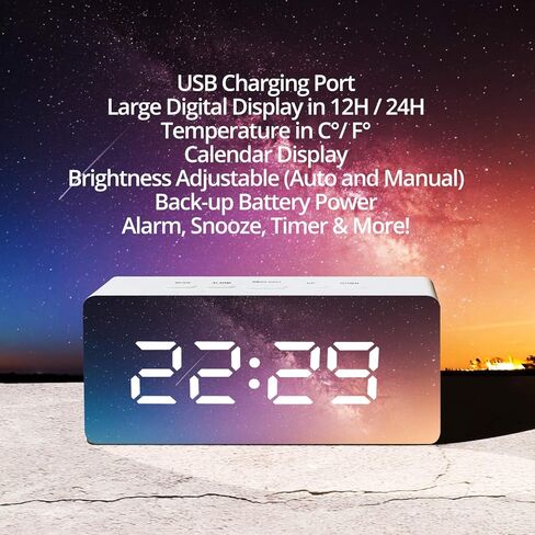 سطح مرآة منبه رقمي من Betus Aesthetic - وضع ليلي خافت، شاشة عرض أرقام LED كبيرة، غفوة - USB وبطارية تعمل - ساعة مدمجة لغرفة النوم والمكتب والسفر المحمولة (أبيض) in Kuwait