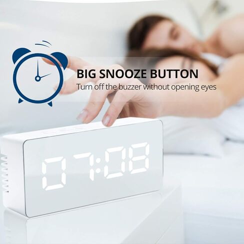 سطح مرآة منبه رقمي من Betus Aesthetic - وضع ليلي خافت، شاشة عرض أرقام LED كبيرة، غفوة - USB وبطارية تعمل - ساعة مدمجة لغرفة النوم والمكتب والسفر المحمولة (أبيض) in Kuwait