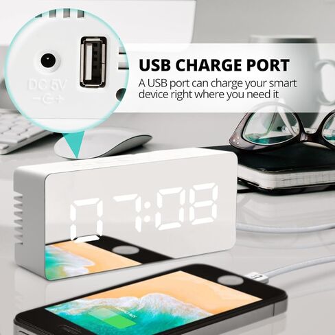 سطح مرآة منبه رقمي من Betus Aesthetic - وضع ليلي خافت، شاشة عرض أرقام LED كبيرة، غفوة - USB وبطارية تعمل - ساعة مدمجة لغرفة النوم والمكتب والسفر المحمولة (أبيض) in Kuwait