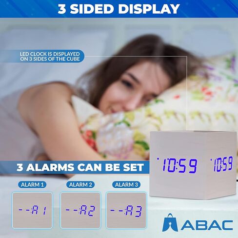 ساعة منبه ABAC - ساعة خشبية حديثة لمنضدة ومكتب - ساعة جمالية ثلاثية الجوانب مع ميزة التنبيه - وظيفة التحكم الصوتي - ساعة مكتب رقمية قابلة للتعديل ... in Saudi Arabia