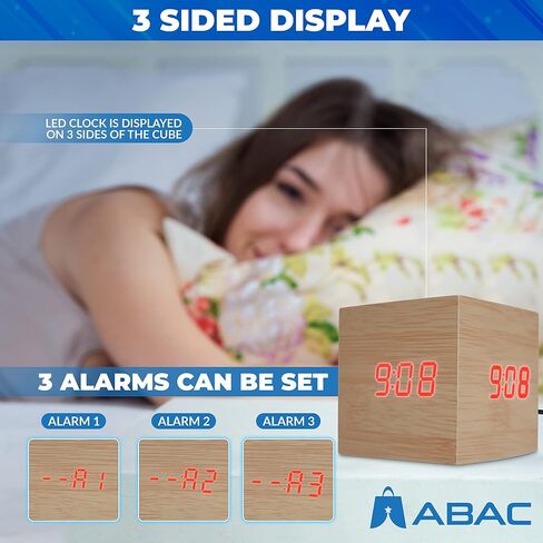 ساعة منبه ABAC - ساعة خشبية حديثة لمنضدة ومكتب - ساعة جمالية ثلاثية الجوانب مع ميزة التنبيه - وظيفة التحكم الصوتي - ساعة مكتب رقمية قابلة للتعديل ... in Saudi Arabia