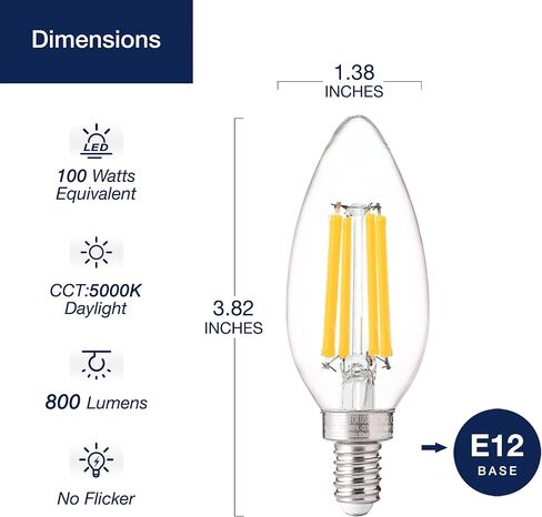 FLSNT 100W Equivalent Candelabra LED Bulbs 5000K Daylight, Dimmable LED Chandelier Light Bulbs for Dining Room, Living Room, Porch, 800LM, E12 Base, 6 Pack in Kuwait