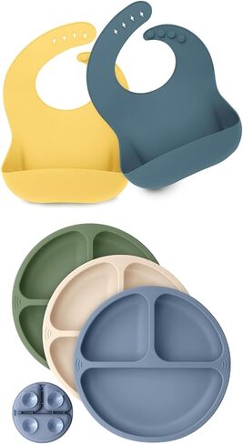 KeaBabies 2-Pack Baby Silicone Bibs and Suction Plates for Baby, Toddler - Waterproof, Easy Wipe Silicone Bib for Babies - 3-Pack 100% Silicone Divided Baby Plates with Suction, BPA Free Plates in Saudi Arabia