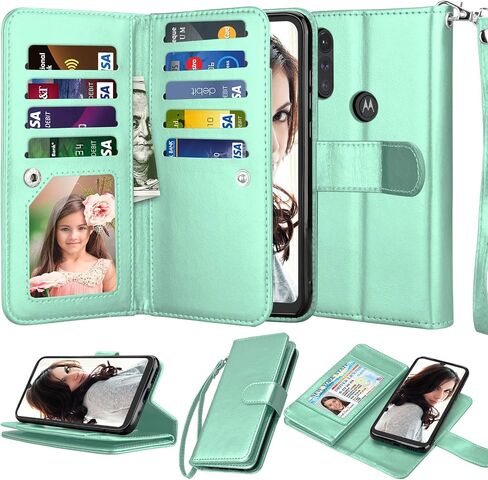 NJJEX لهاتف Moto E Case 2020، حافظة محفظة Motorola E 2020 مقاس 6.2 بوصة، [9 فتحات للبطاقات] حامل بطاقة ائتمان فاخر من جلد البولي يوريثان لبطاقة الهوية [قابل للفصل] غطاء هاتف مغناطيسي وحبل [أسود] in Saudi Arabia